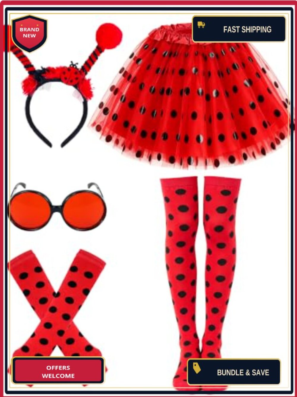 5 Pc Ladybug Costume Tutu Antenna Headband Glasses Socks Adult Halloween